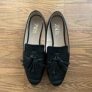 Zara Women’s Black Tassel Loafers Croc Workwear Flats Slip-on Size 40/9